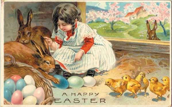 carte ancienne pâques lapin enfant oeuf poussin